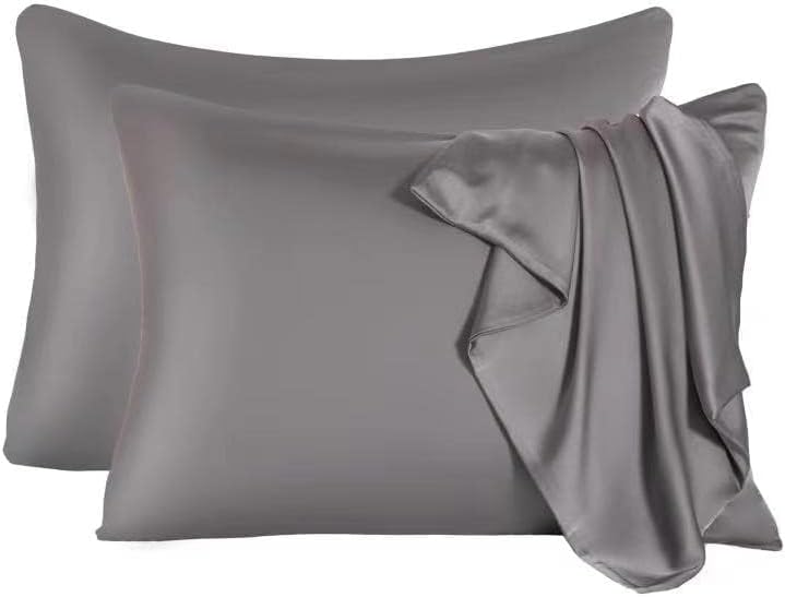 2 Pcs Mulberry Silk Pillowcase for Hair and Skin,Cooling Silk Pillow Case with Hidden Zipper,Allergen Proof Dual Sides Soft Breathable Smooth Silk Pillow Cover for Women(Queen-2PCS,Dark Gray)