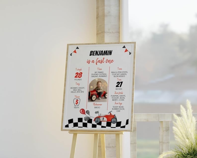 Personalized Fast One Birthday Milestone Photo Poster, Race Car 1St Birthday Milestone Sign, Racing Car Birthday Sign, Design 010