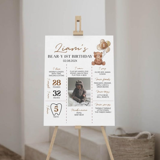 Generic Personalized Beary First Birthday Milestone Poster, Teddy Bear Photo Milestone Sign, Boho Brown Bear Party Stats Board, Design 08