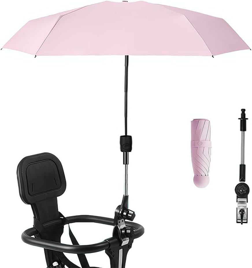 Clip-on Umbrella for Stroller Sunshade, Adjustable Steering Angle, Handle Included, Compact and Lightweight, Suitable for All Kinds of Strollers