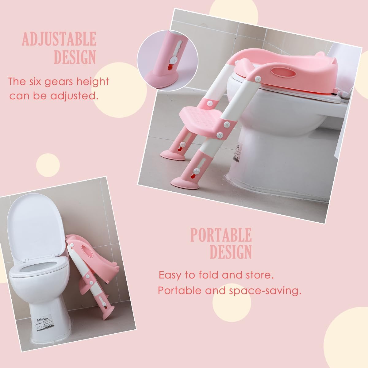 Potty Training Toilet Chair Seat with Step Stool Ladder for Kids and Toddler Boys Girls - Foldable Height Adjustable Children Toilet Training Seat with Safe Handles & Anti-Slip Pads, White-Pink