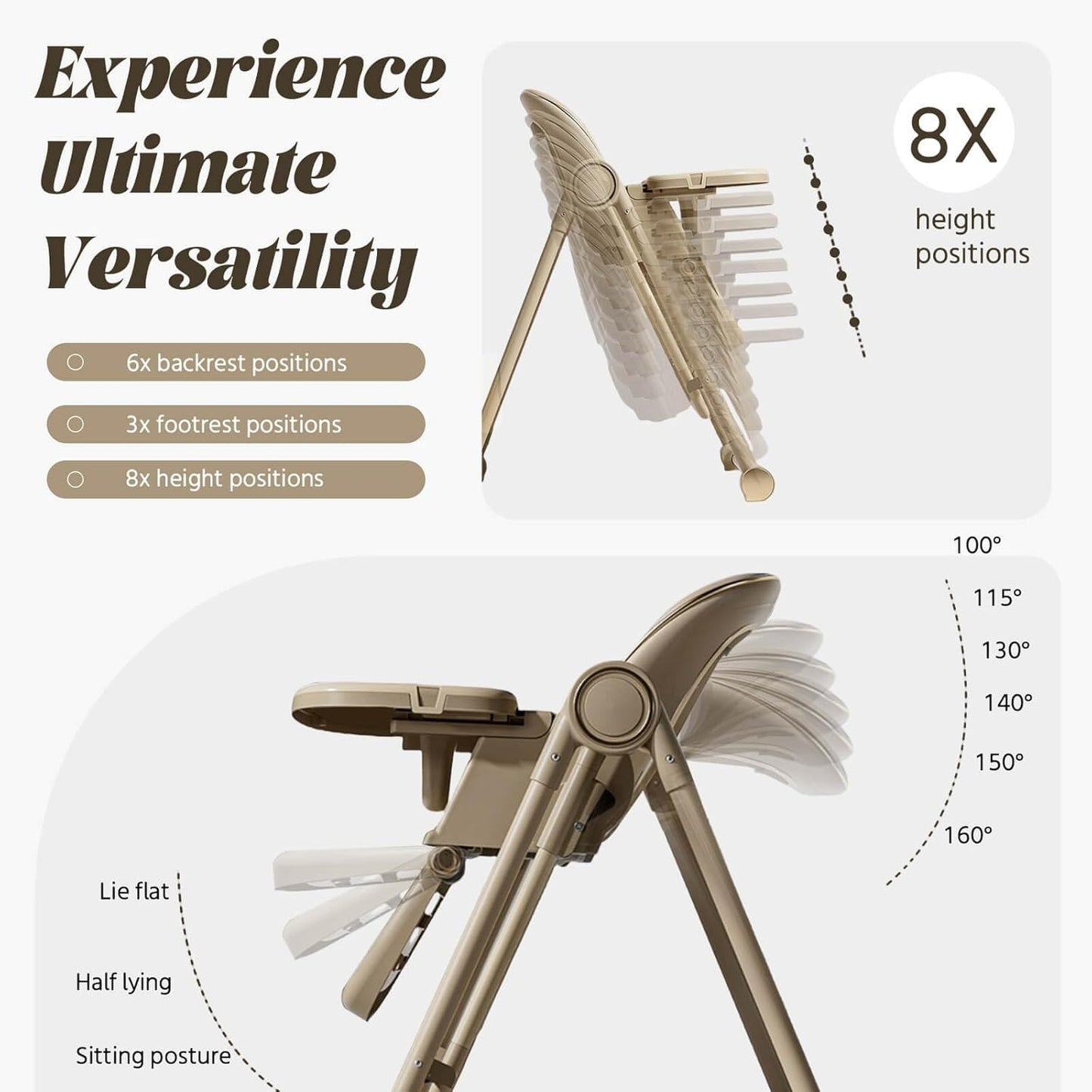 Multi Functional All in 1 Baby High Chair Swings for Infants Foldable Rocking 8 Level Height Adjustment Eco Friendly Washable PU Cushion Ultimate Baby Feeding Chair (Brown)