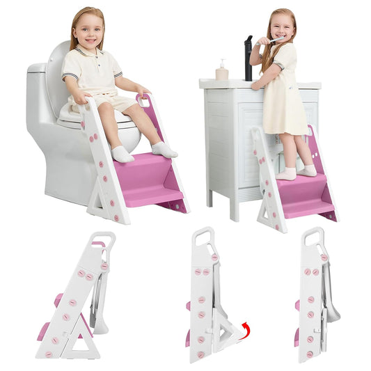 Primlect Space-Saving Potty Training Seat with Ladder, Adjustable Step and Toilet Seat Height, Top Handles for Easy Climbing, Easy to Carry, Portable Toddler Toilet Trainer for Small Bathrooms