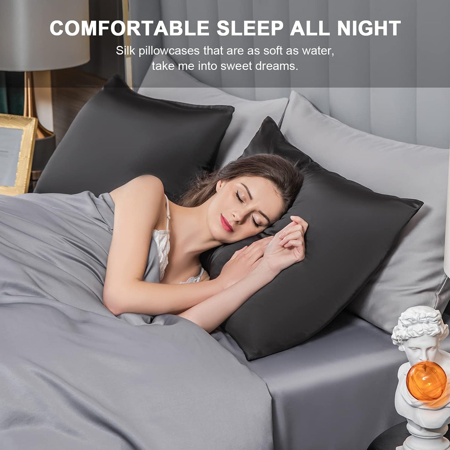 Mulberry Silk Pillowcase for Hair and Skin,Queen Size Cooling Silk Pillow Case with Hidden Zipper,Allergen Proof Dual Sides Soft Breathable Smooth Silk Pillow Cover for Women(Queen,Black)