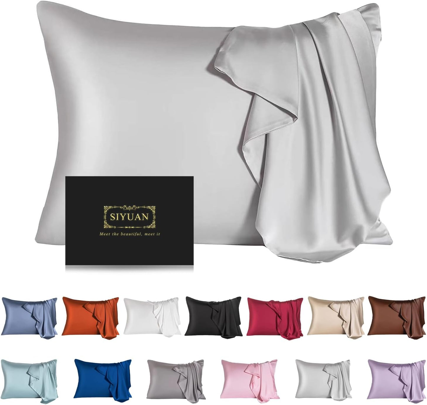 SIYUAN Silk Light Gray Pillowcase, Standard Size, Temperature Regulator, Beauty Anti-Aging, Hidden Zipper