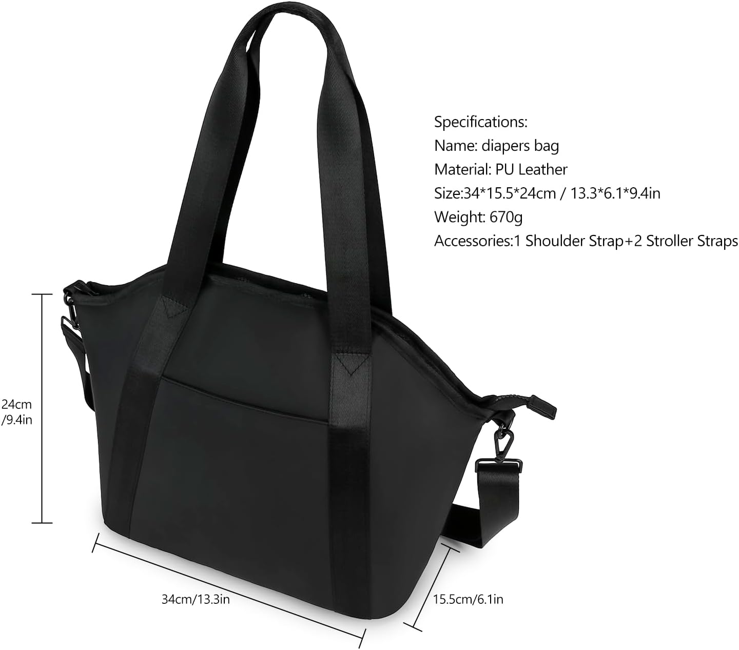 Diaper Bag Tote for Women Stylish Baby Bag Black PU Messengers Bag with Wet Bag,Stroller Hooks