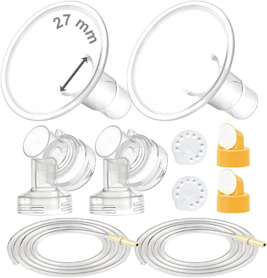 Maymom Breast Pump Kit Compatible with Medela Pump in Style Advanced Pump; 2xTwo-Piece 27mm Breastshield, 2 Valve, 4 Membrane, 2 Replacement Tubing; Replacement Part for Medela Shield, Medela Valve