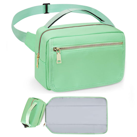printe Small Diaper Bag with Portable Changing Pad, Crossbody Funny Bag Pack with Wipes Pocket, Women Waist Bag for Travel, Mint Green