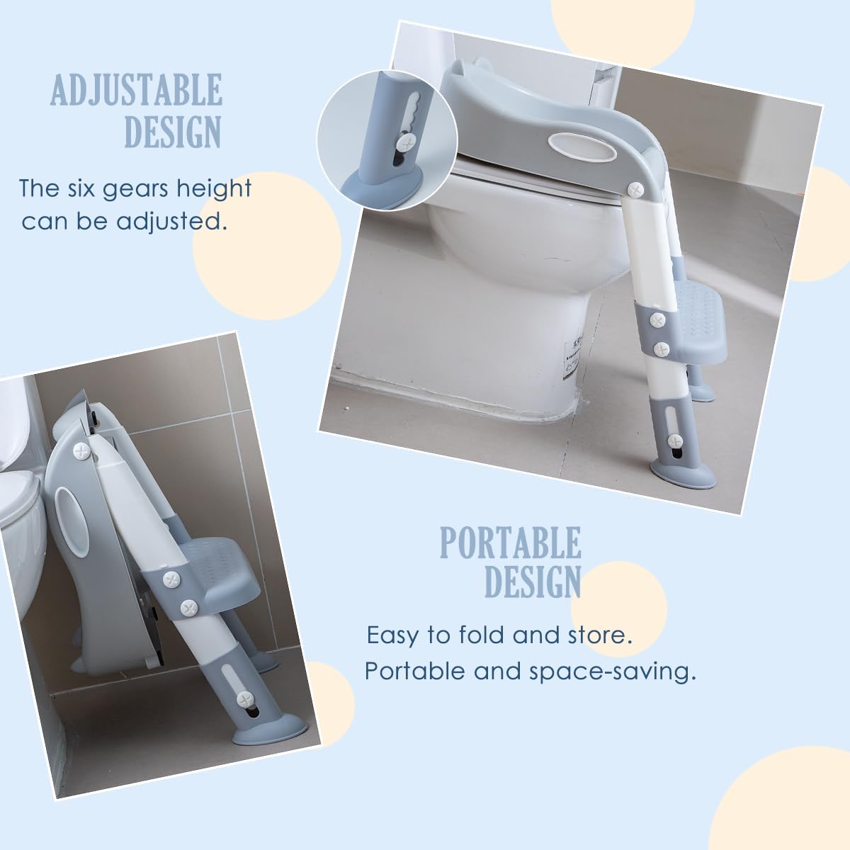 Potty Training Toilet Chair Seat with Step Stool Ladder for Kids and Toddler Boys Girls - Foldable Height Adjustable Children Toilet Training Seat with Safe Handles & Anti-Slip Pads, White-Grey