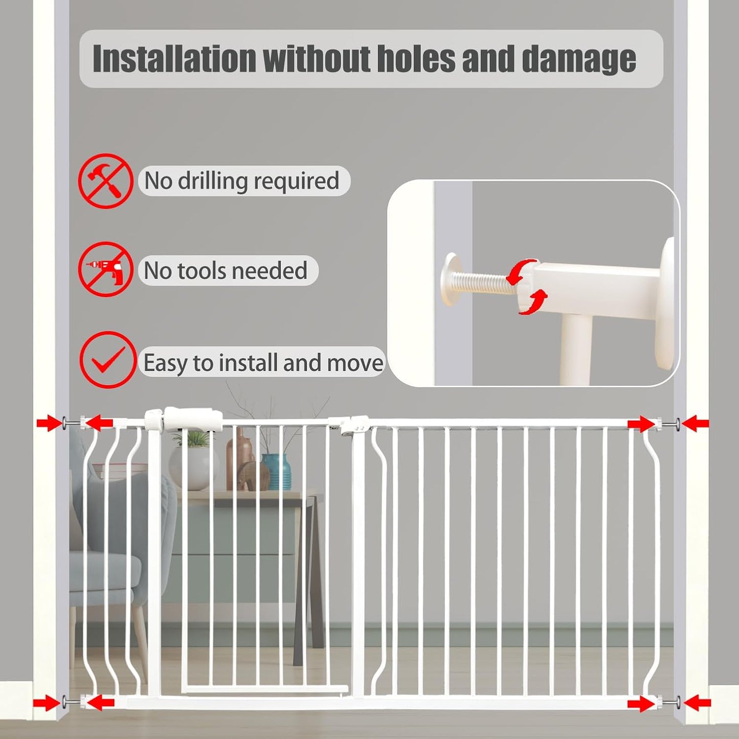 Extra Wide Baby Gate - 48-52.7 Inch Tension Mounted Safety Child & Pet Gate - White Metal - Walk Through - Long - for House Doorways & Stairs