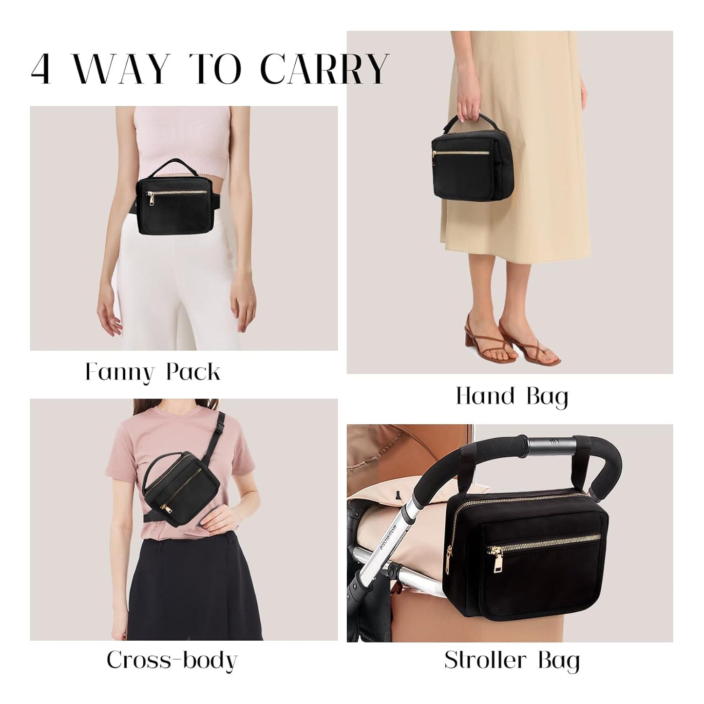 printe Small Diaper Bag with Portable Changing Pad, Crossbody Fanny Pack with Wipes Pocket for Stroller, Women Waist Bag for Travel, Black Large