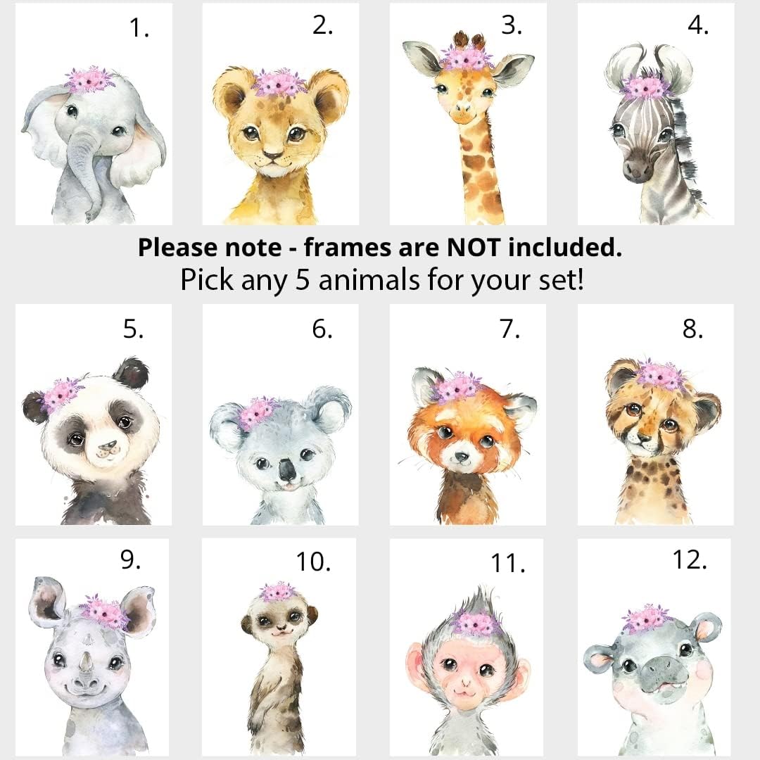 Personalized Safari Animals for Baby Girls Nursery, Set of 6 Unframed Poster Prints, Personalized Name Pink Lilac Floral, Girls Bedroom Decor, Elephant Giraffe (12x16)
