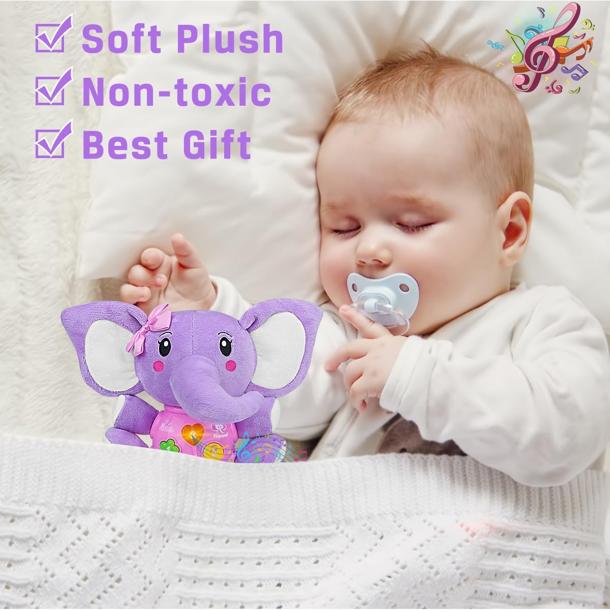 Aitbay Plush Elephant Music Baby Toys 0 3 6 9 12 Months, Cute Stuffed Aminal Light Up Baby Toys Newborn Baby Musical Toys for Infant Babies Boys & Girls Toddlers 0 to 36 Months (Purple)