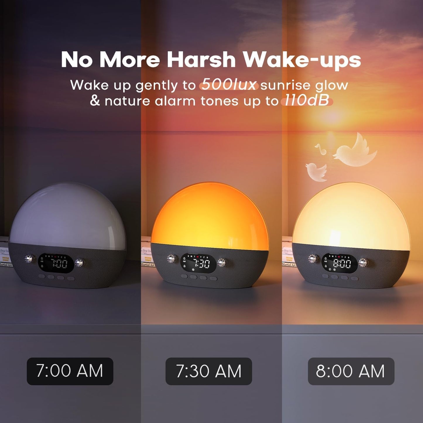 Dekala Smart Sunrise Alarm Clock with Wireless Charging for iPhone 14 13 12 Apple Watch AirPods Samsung, White Noise Sleep Sounds Machine, Nursery Night Light for Heavy Sleeper