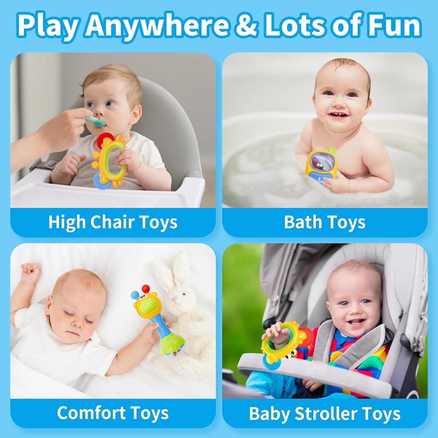 MOONTOY 3pcs Baby Rattles Toy Set, Baby Toys 0-6 Months Infant Toys 6-12 Months Teethers for Babies 3-6 Months Easter Basket Stuffers Gifts, Sensory Teething Toys 0 1 2 3 4 5 6 Month Newborn Boy Girl