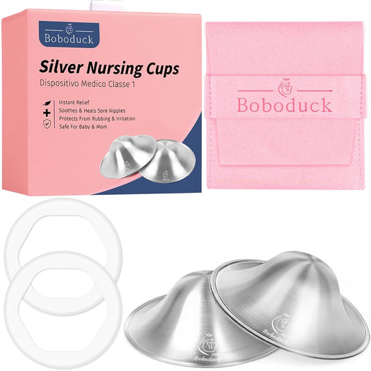 Boboduck The Original Silver Nursing Cups - 999 Silver Nipple Covers Breastfeeding - Protect and Soothe Sore Nipples - Breastfeeding Essentials Silver Nipple Guards with Soft Silicone Ring (X-Large)