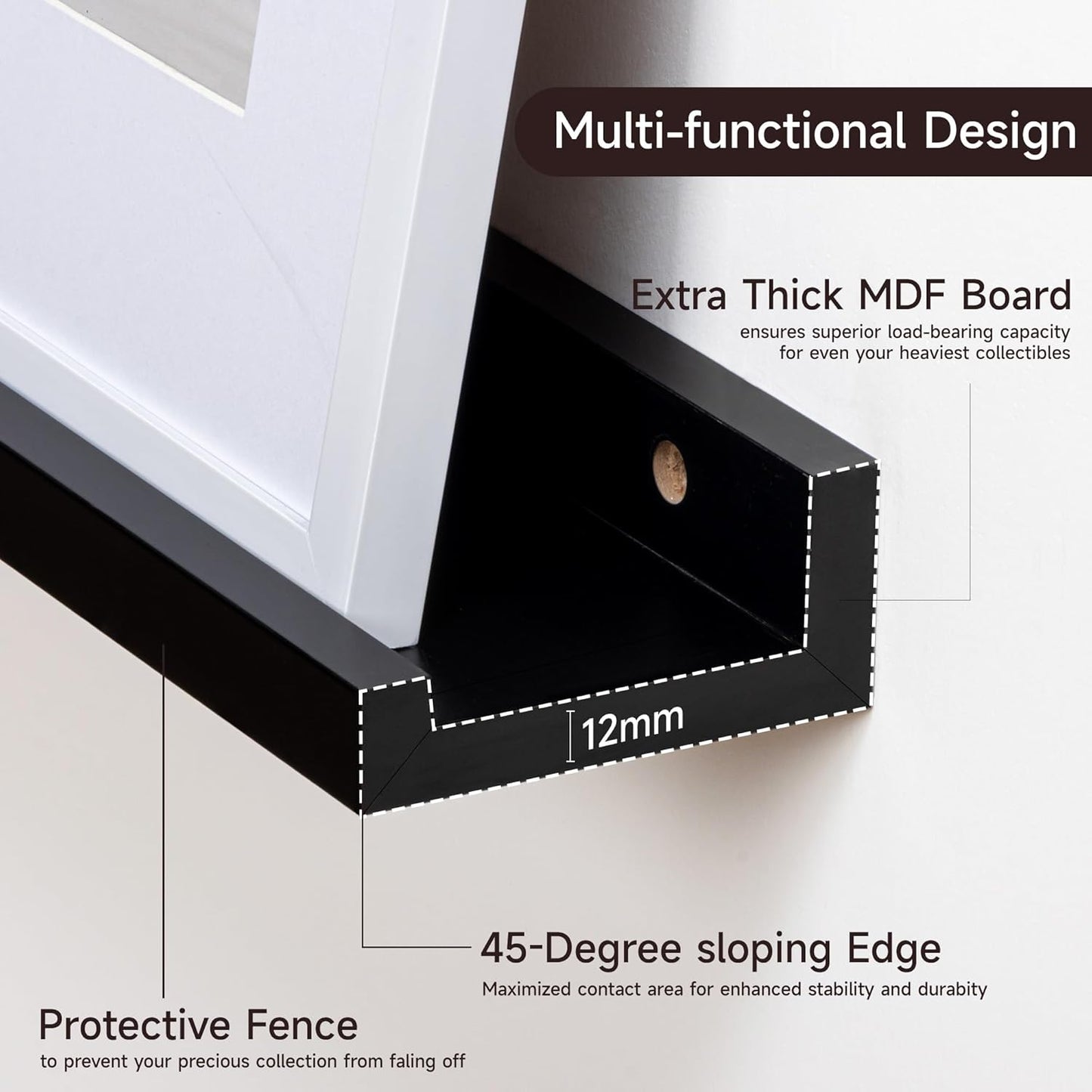 Fun Memories Picture Ledge Shelf, 48 Inch Floating Shelves Set of 2, Large Nursery Book Shelves for Toys Storage, Kids Bookshelf Wall Mounted for Wall Decor Books Photo Frames, Black