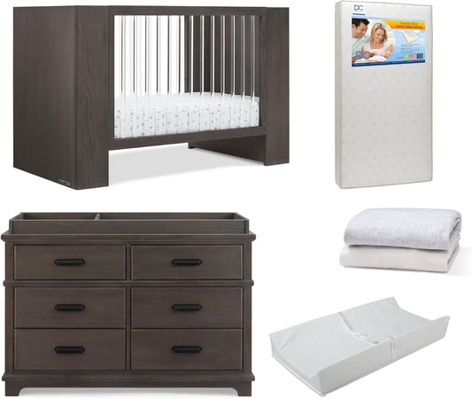 Delta Children Aerin Crib 6-Piece Baby Nursery Furniture Set–Includes: Convertible Crib, 6 Drawer Dresser, Changing Top, Crib Mattress, Sheets & Changing Pad, Rustic Grey