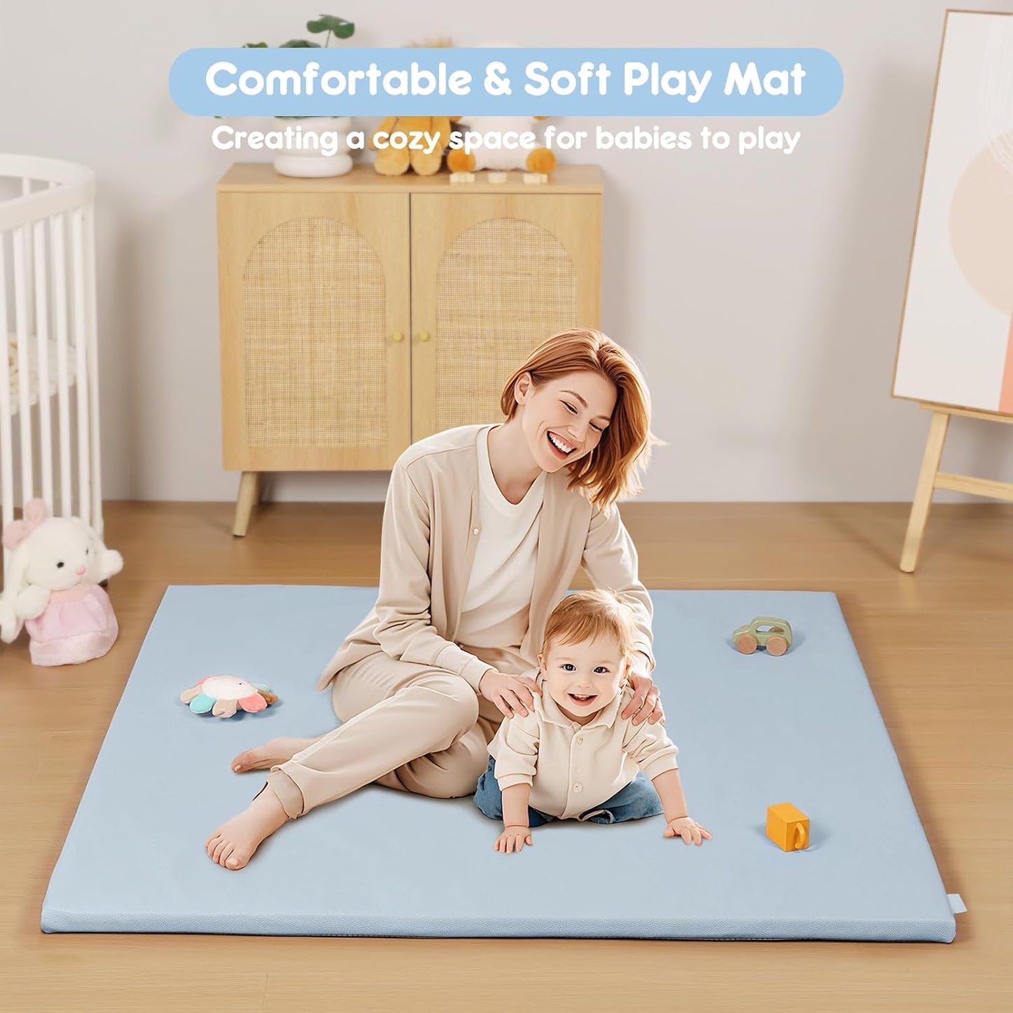 Stylish Padded Baby Play Mat for Your Boy or Girl - Extra Thick & Super Soft Vegan Leather Floor Mat Creates A Safe Play Area for Little Ones - Blue