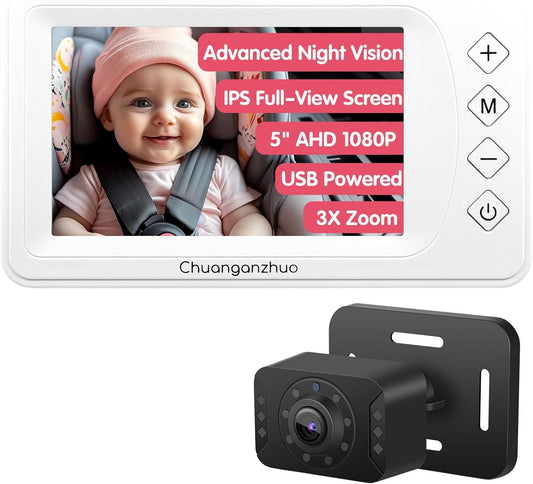 Baby Car Camera with Advanced Crystal-Clear Night Vision, 3X Zoom, USB Powered, 5'' AHD 1080P IPS Car Baby Monitor, Backseat Camera for Kids Infants Rear Facing Mirror, 5inch, White