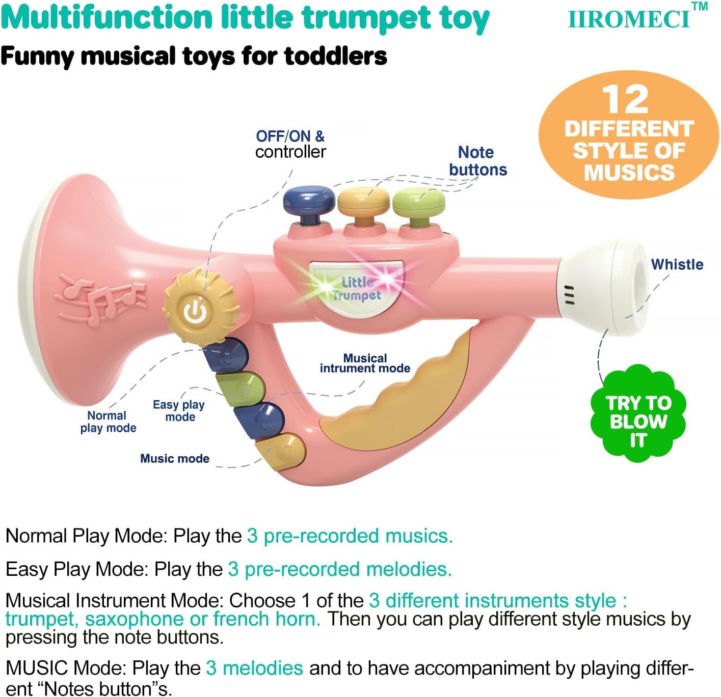 Musical Toys for Kids, Little Trumpet Toy for Toddlers, Blow Horn Baby Educational Toys, Infants Music Toy for Girls Boys Ages 1 2 3 Years Old (Pink)