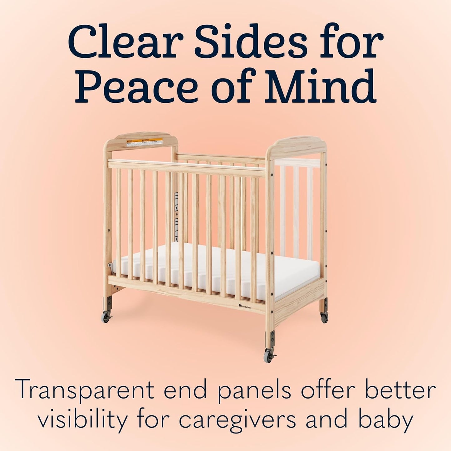 Foundations Serenity Compact Daycare Crib, Fixed Side, Features Mirrorview End Panels and Slatted Side Panels, Durable Wood Construction, Includes 3” InfaPure Foam Mattress (Natural)