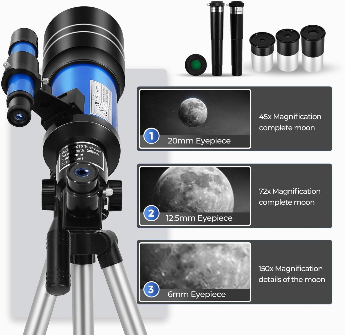 ESAKO Telescope for Kids & Beginners, 70mm Aperture Portable Telescopes with 3 Eyepieces, Height Adjustable Tripod & Phone Adapter & Remote Control