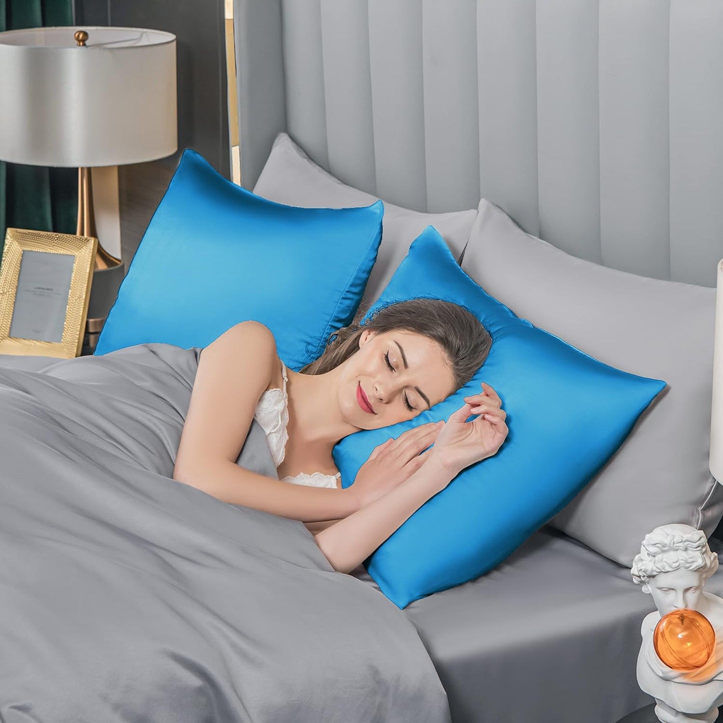 Mulberry Silk Pillowcase for Hair and Skin,King Size Cooling Silk Pillow Case with Hidden Zipper,Allergen Proof Dual Sides Soft Breathable Smooth Silk Pillow Cover for Women(King,Ice+ Blue)