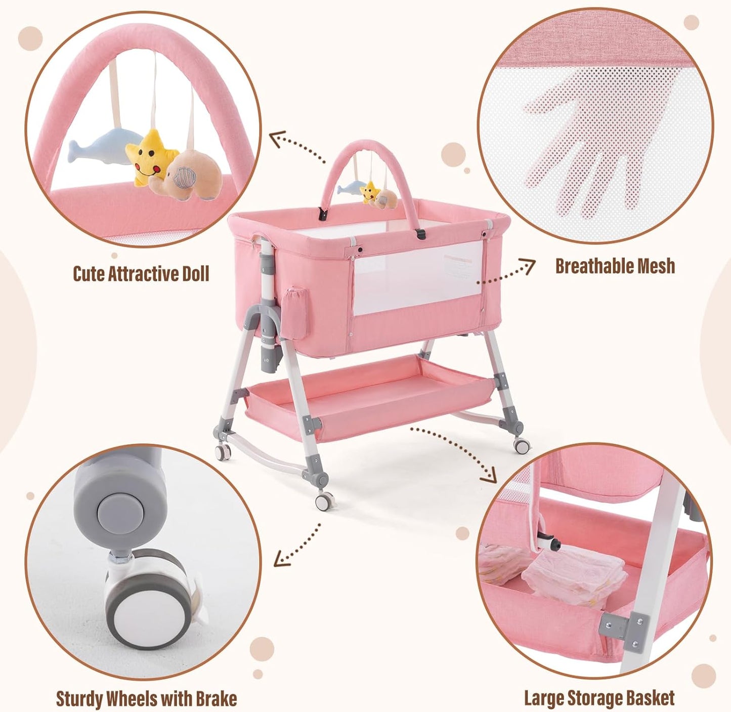 Jaoul 4 in 1 Baby Bassinet Bedside Sleeper Baby Crib, Adjustable Cosleeper for Baby, Easy Folding Portable Baby Bed Rocking Bassinets with Comfy Mattress Mosquito Net Storage for Infant Newborn Pink