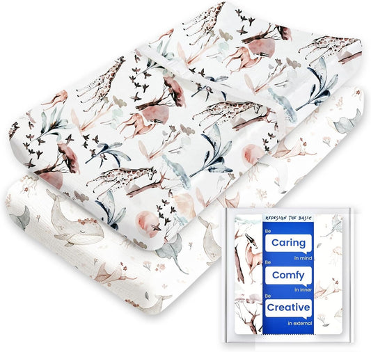 Extra Stretchy Changing Pad Cover, TotBasic Ultra Soft Premium Jersey Knit Changing Pad Sheets, Pink Prints for Baby Girls, Fits All Standard Changing Tables/Dresser Tops - 2 Pack (Whale + Giraffe)