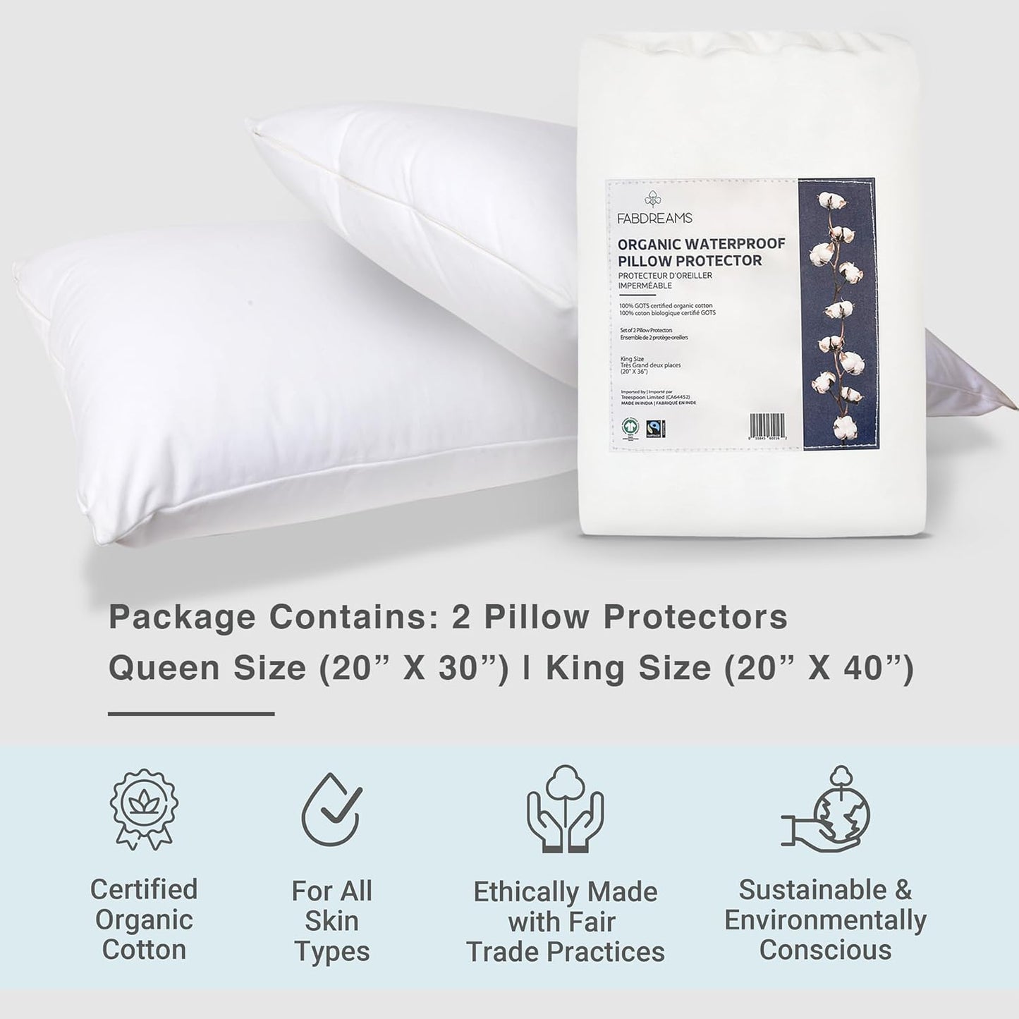 FABDREAMS Organic Waterproof Pillow Protector Set King Size | Pillow Cover Set of 2 | Pillow Encasement Set of 2 | Temperature Regulating | Breathable | King | 20” X 40” | White