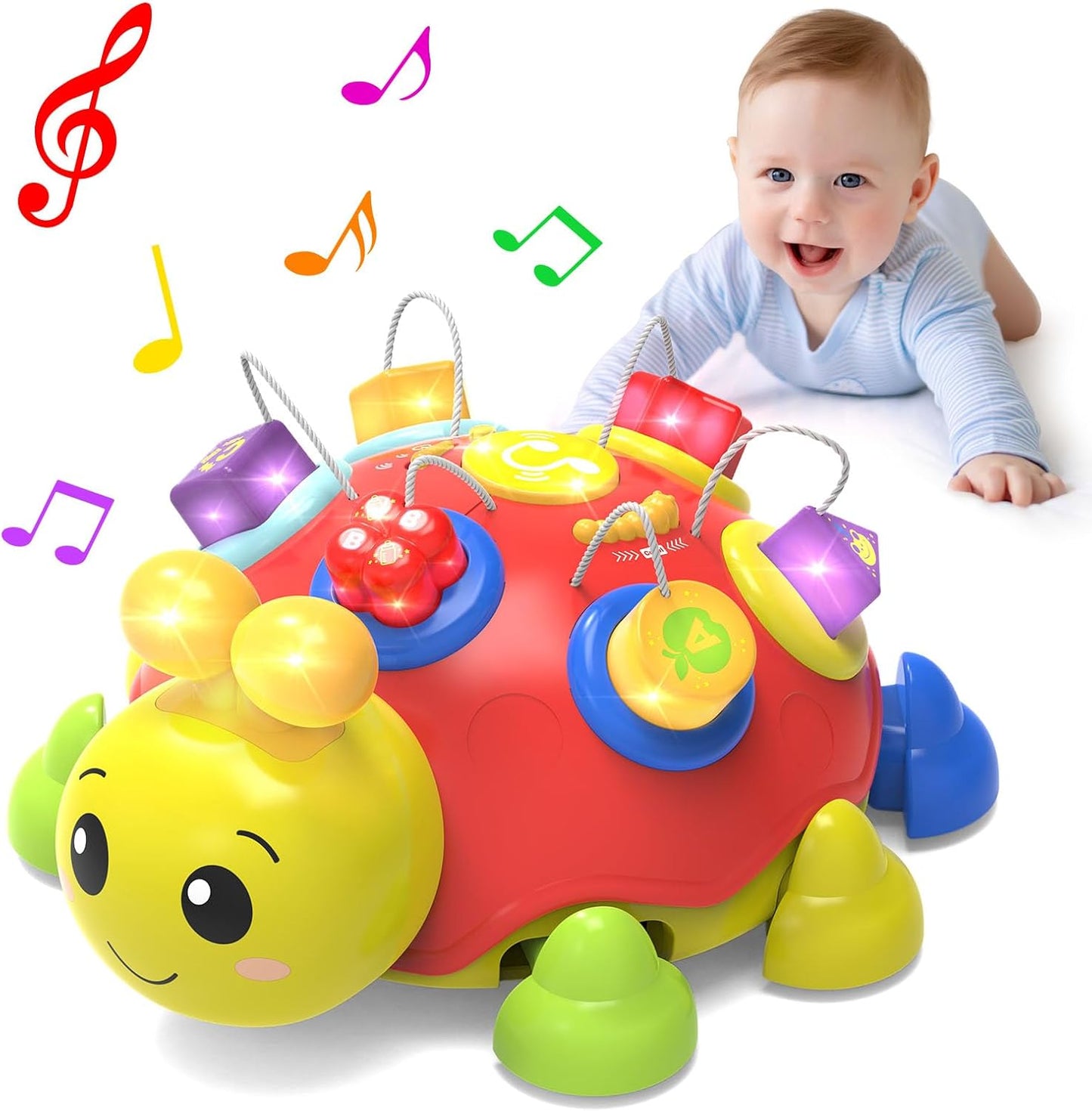 Baby Crawling Toys 6-12 Months,Musical Ladybug Crawling Toy for Infants 0-3-6 7 8 9 10 12-18 Months,Early Education Light Up Music Walking Toys,Shape Matching,Tummy Time Toys for Boy Girl Gift (Red)
