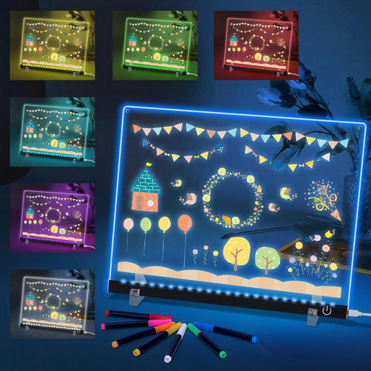 Doodle Glow, LED Note Board with Colors, 14.1"x10.9" Arvana Acrylic Dry Erase Board, 16M-Color LED Light-Up Memo Board w/Music Sync, APP & Remote, Stand & 7 Markers, Neon Glow Display (Black)