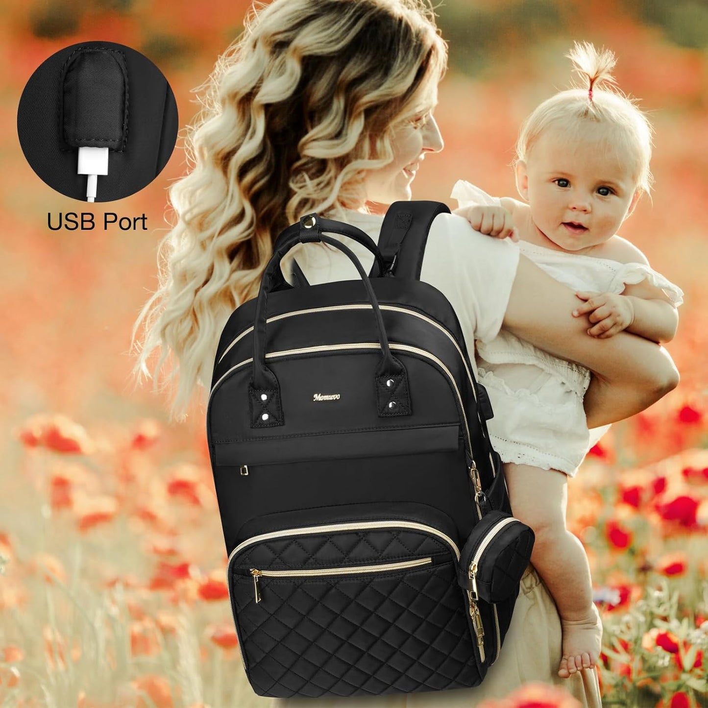 MOMUVO Diaper Backpack for Women Large Capacity with Insulated Pockets Diaper Bags For Baby Girl Boy Waterproof Baby Bags