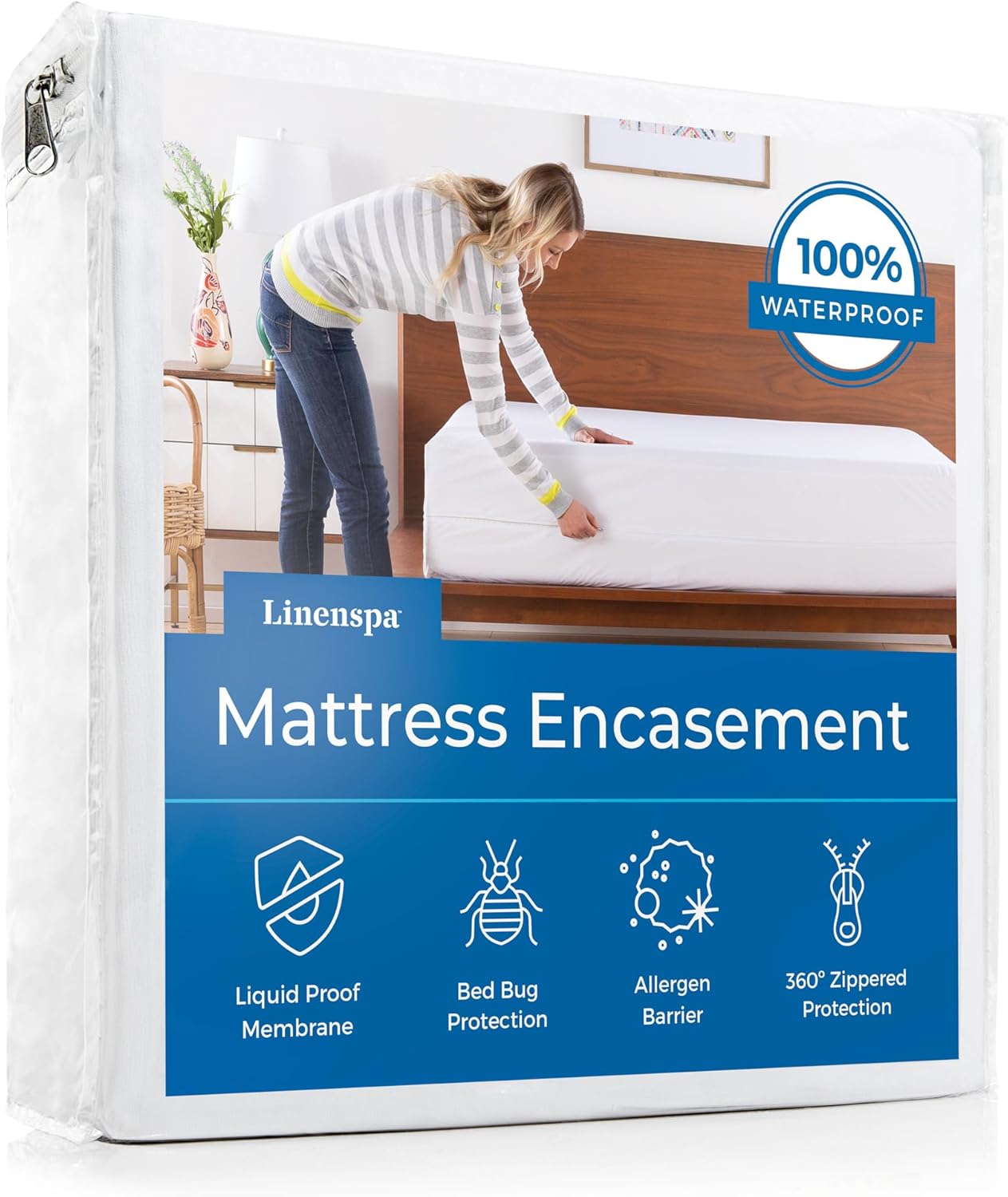 Linenspa Zippered Mattress Encasement – Twin XL Size Waterproof Mattress Protector – Quiet Cover & Complete protection – Dorm Room Essentials, White