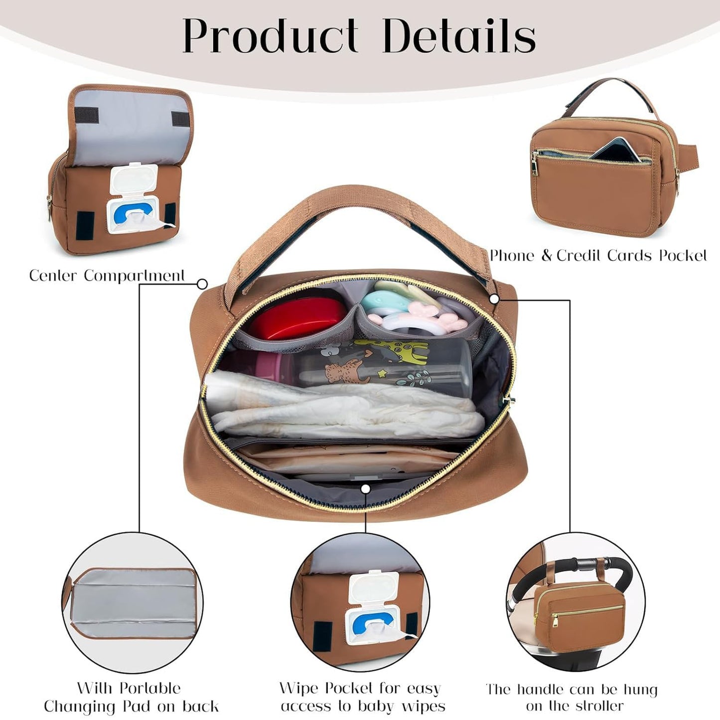 printe Small Diaper Bag with Portable Changing Pad, Crossbody Women Waist Bag with Wipes Pocket for Travel, Stroller Diaper Funny Pack, Brown