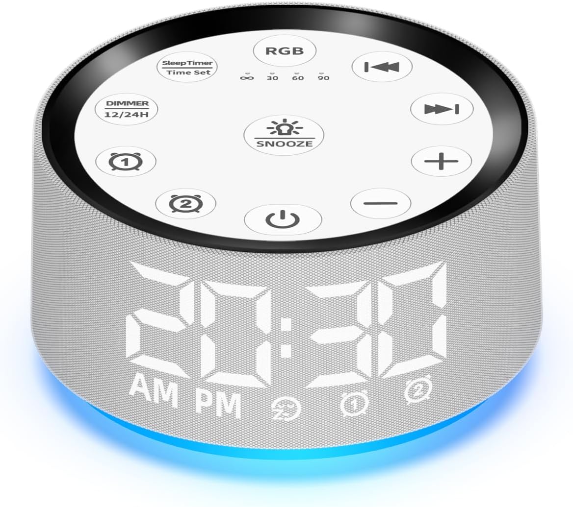 Brown Noise Machine Alarm Clock Sound White Noise Machine Night Light with 30 Sleeping Sounds for Baby Kids Adults 2 Alarms Backup Battery 32 Level Volume 15 Wake up Sounds for Mild Heavy Sleeper