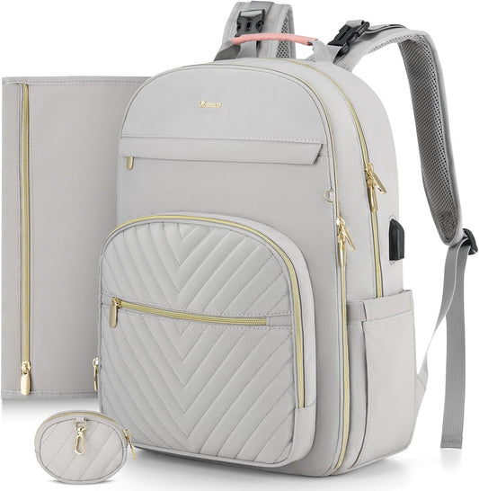 MOMUVO Diaper Bag Backpack, Quilted Baby Bag with Changing Pad and Stroller Straps and Pacifier Case, Multifunction Waterproof Travel Diaper Bags, Unisex, Light Grey and Pink