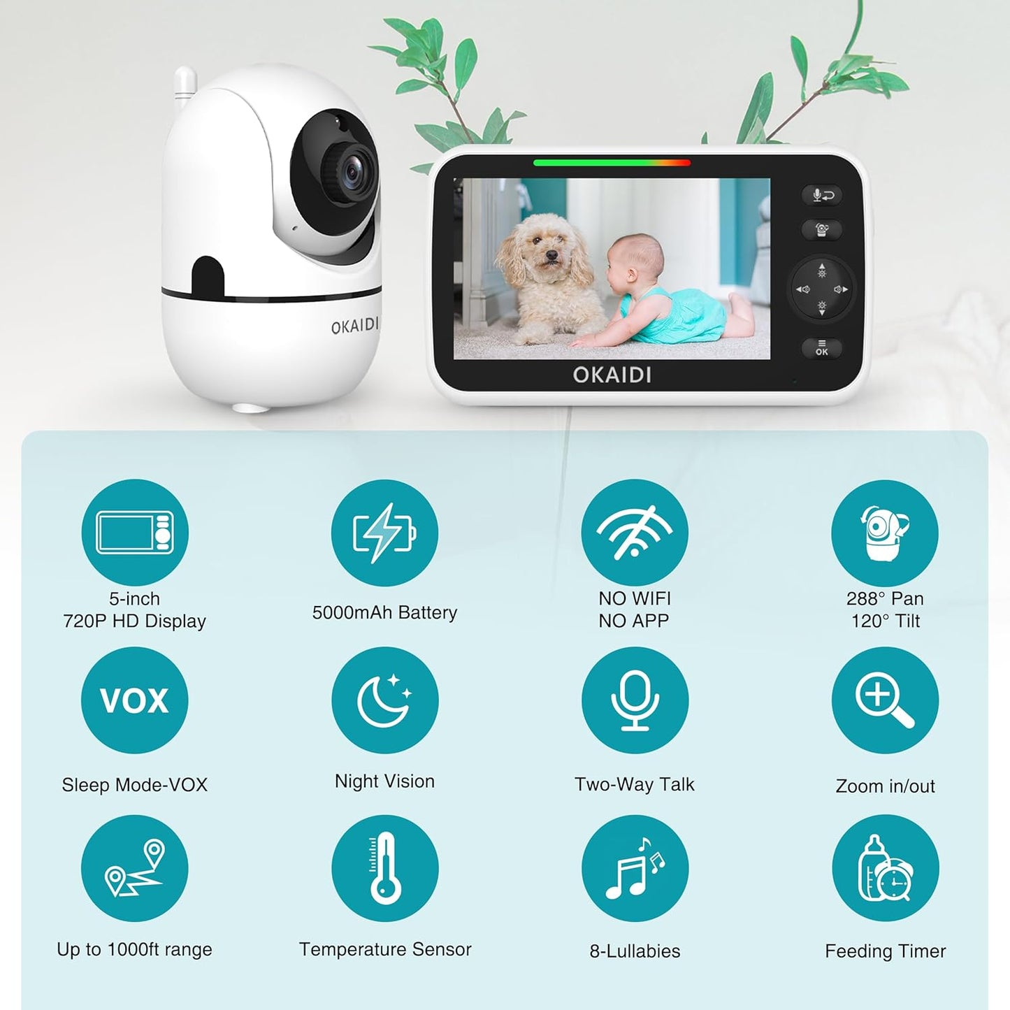 720P HD Baby Monitor, 5 Inch Baby Monitor with Camera and Audio, 5000mAh Battery, Remote Pan-Tilt, 3X Zoom, 1000ft Baby Monitor NO WiFi, Night Vision, 2-Way Talk, Temperature, Lullabies