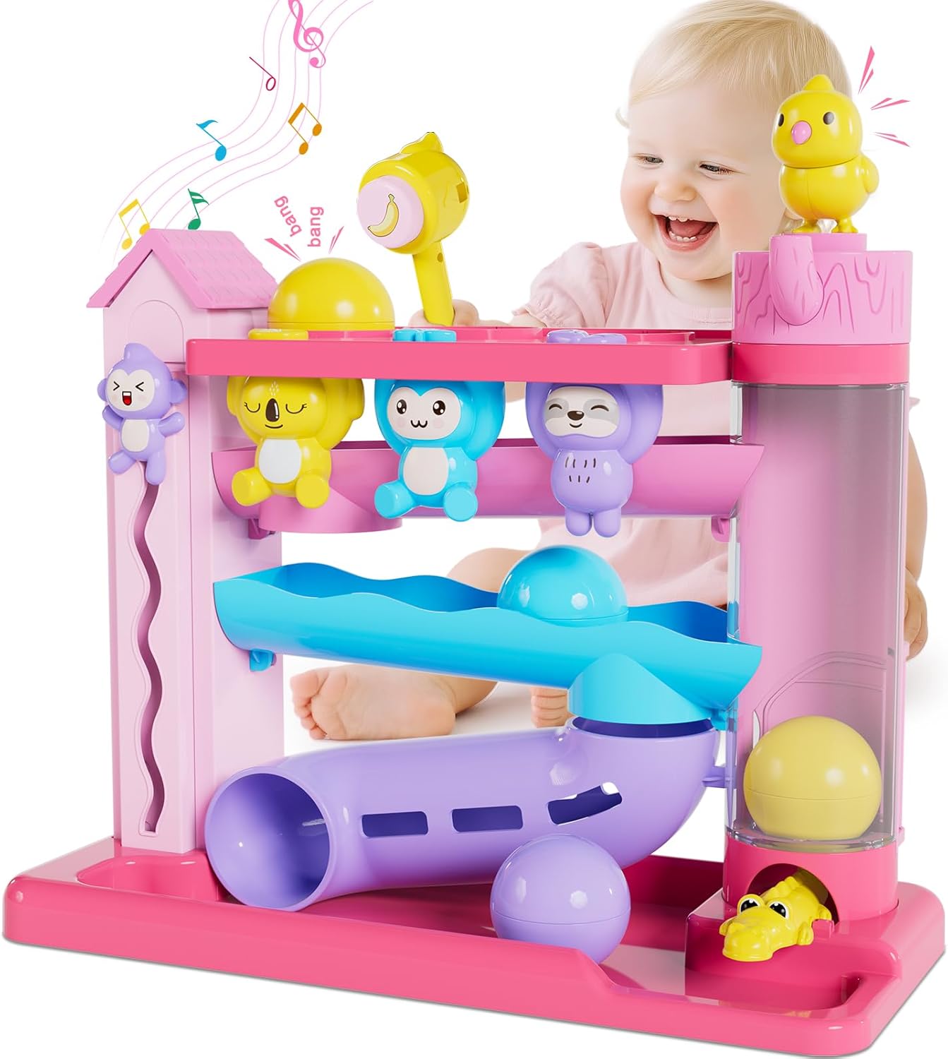 Musical Toy for 1-2 Year Old Girls,Educational Baby Toys 12-18 Months,Ball Drop Toy with English & Spanish,Fine Motor Toys for Toddlers 1-3,Birthday Gift for 1+ Year Old Girl (Pink)