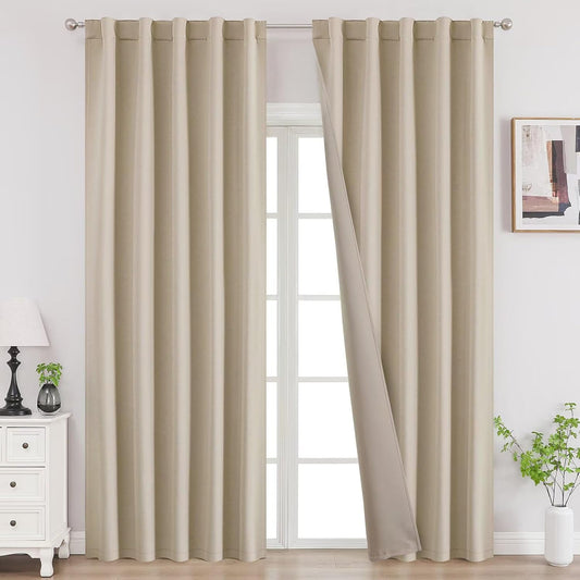 Joydeco Blackout Curtains 108 Inches Long, Thermal Insulated Black Out Curtains 2 Panels Set, Room Darkening Drapes for Living Room Window Rod Pocket Back Tab (W52 x L108 Inch, Light Beige)