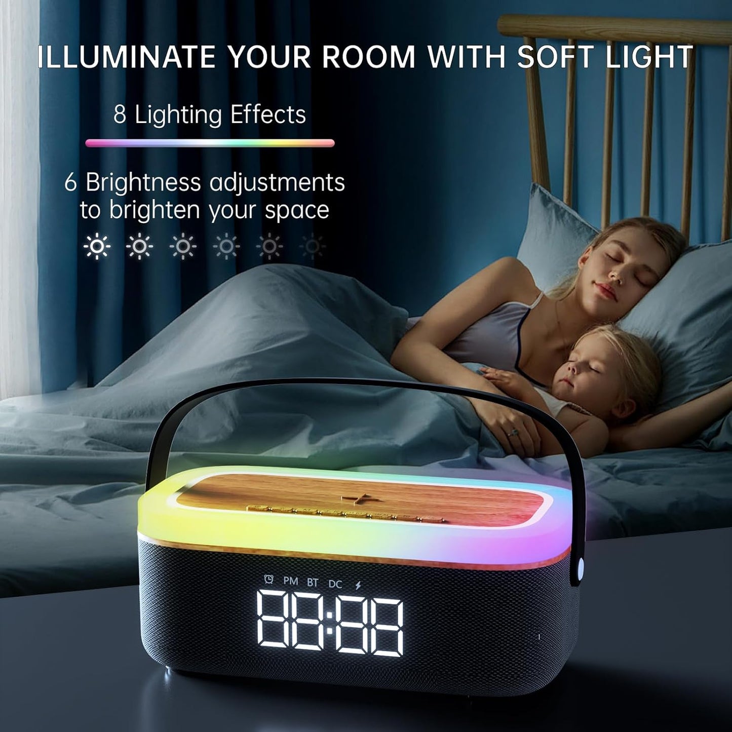 LOVME Alarm Clock Bluetooth Speaker for Bedroom, Bluetooth Stereo Sound Speaker, Fast 15W Wireless Charger, Dimmer, Night Light for Heavy Sleepers, Gift Set, Bedside(Black)