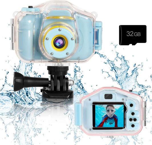 Agoigo Kids Waterproof Camera - Children Underwater HD Video Digital Camcorder, Portable Travel Toy for Toddler - Ideal Christmas Birthday Gifts for Boys Girls Age 3-12 with 32GB Card (Blue)