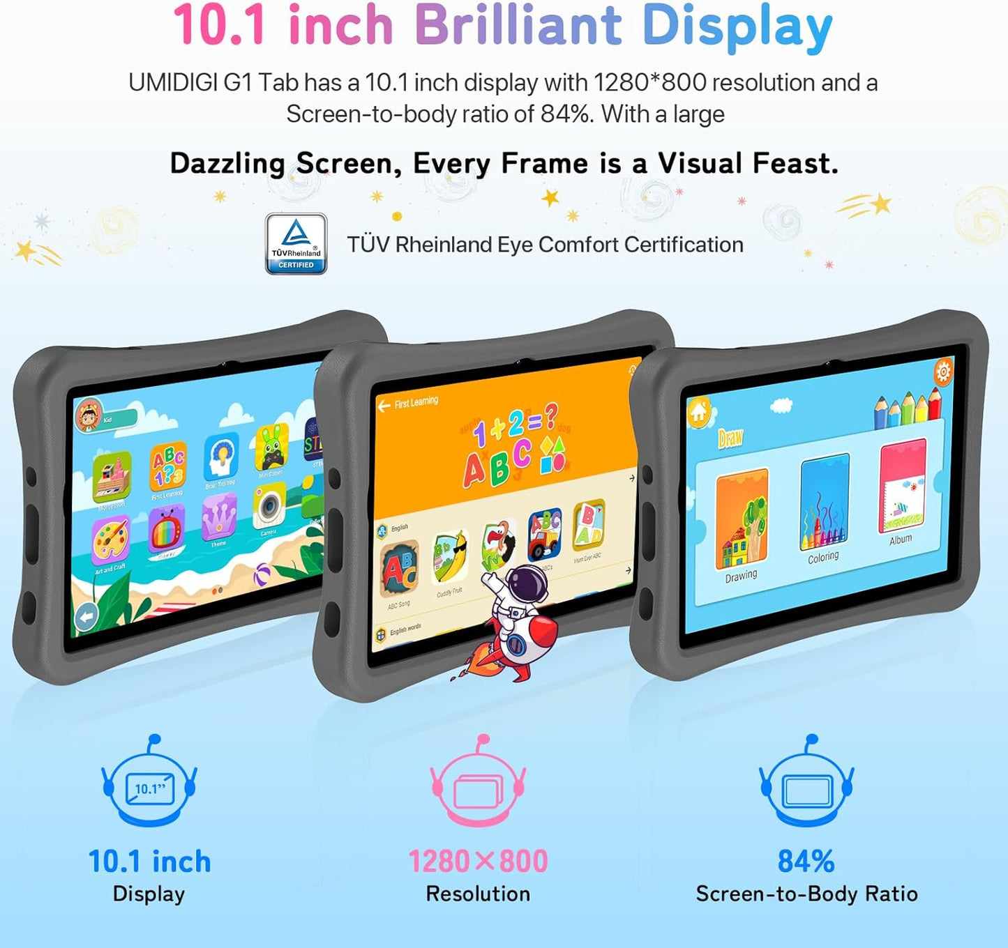 UMIDIGI Kids Tablet, G1 Tab Android 13 for Kids, 10.1", 4+4G+64G up to 1TB, WiFi 6, 8MP+8MP Dual Camera, Quad-Core, 6000mAh, BT5.0, TÜV Eye Bluelight Tablet Android, Parental Control