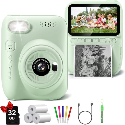Kids Camera Instant Print, 3.0" HD 32MP 1080P Toddler Digital Camera with 3 Rolls of Printer Paper, Birthday Gifts Toy for 3-12 Year Old Girls Boys with 32GB SD Card-Green