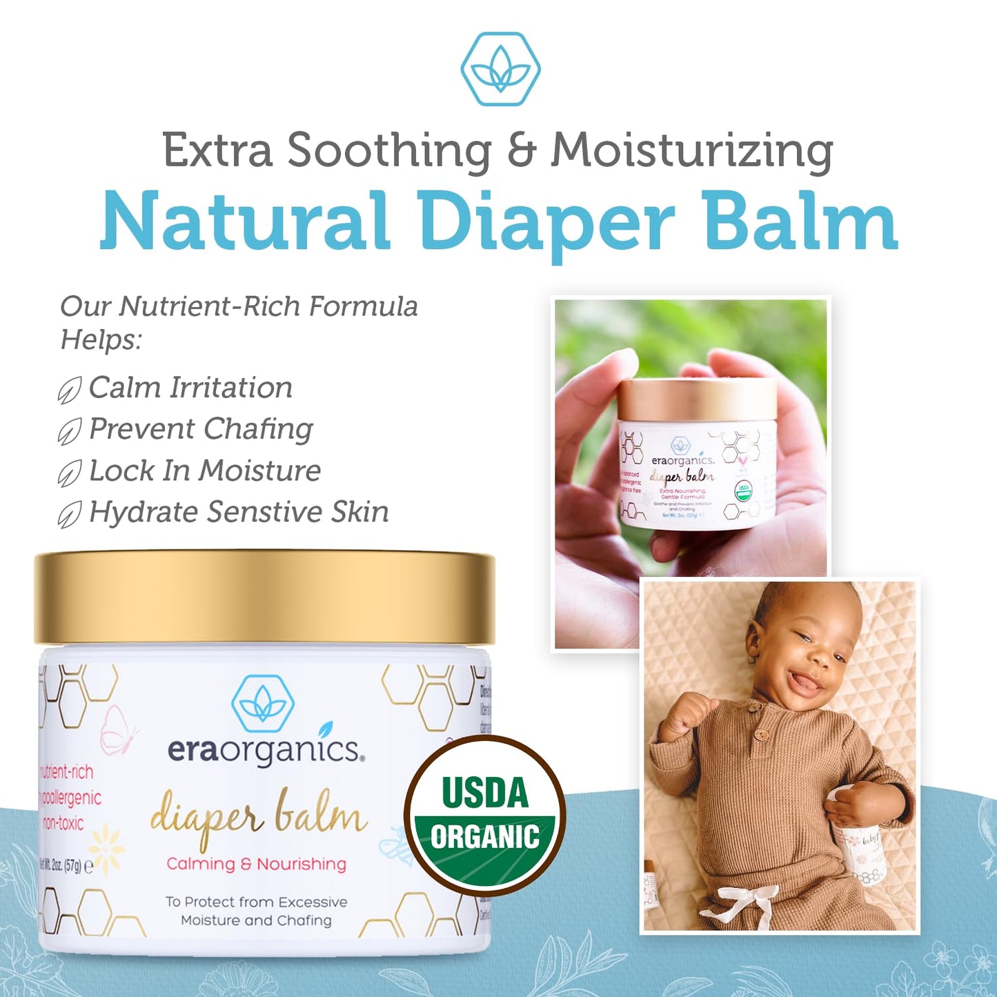 Era Organics Baby Diaper Balm - USDA Organic Ointment Cream Extra Soothing and Nourishing for Dry, Sensitive Skin - All Natural to Help Excess Moisture, Rash or Chafing