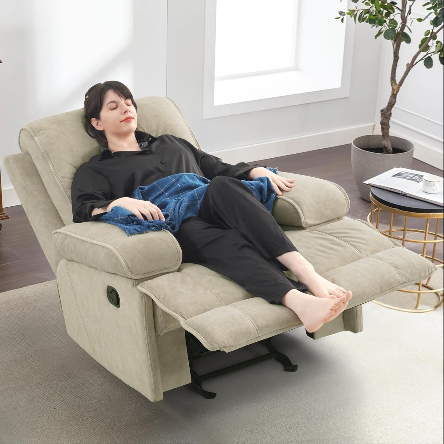 Nursery Glider Recliner Rocking Chair with Extra Large Footrest,Velvet Upholstered Nursing Chair for Breastfeeding for Living Room, Bedroom, Nursing Room (Style A, Beige)