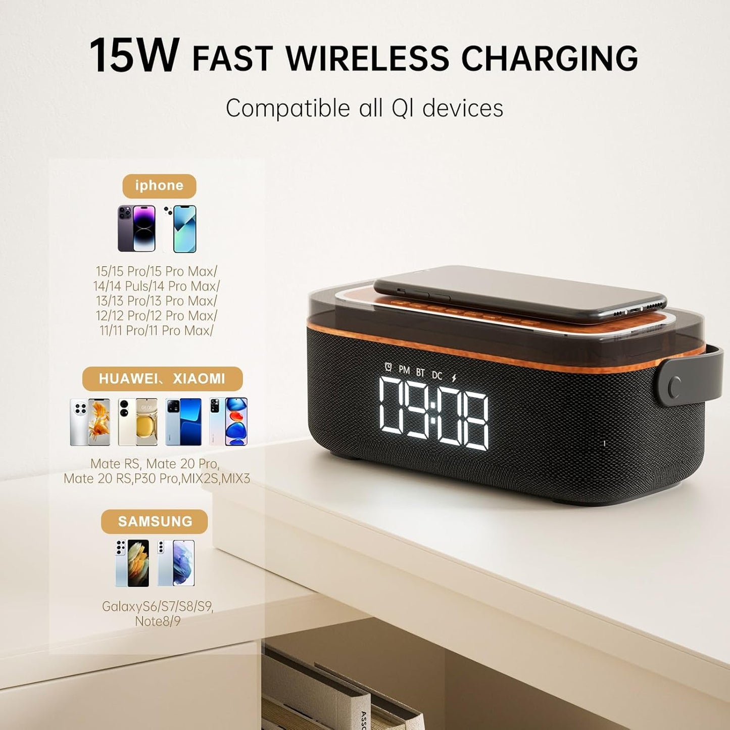 LOVME Alarm Clock Bluetooth Speaker for Bedroom, Bluetooth Stereo Sound Speaker, Fast 15W Wireless Charger, Dimmer, Night Light for Heavy Sleepers, Gift Set, Bedside(Black)