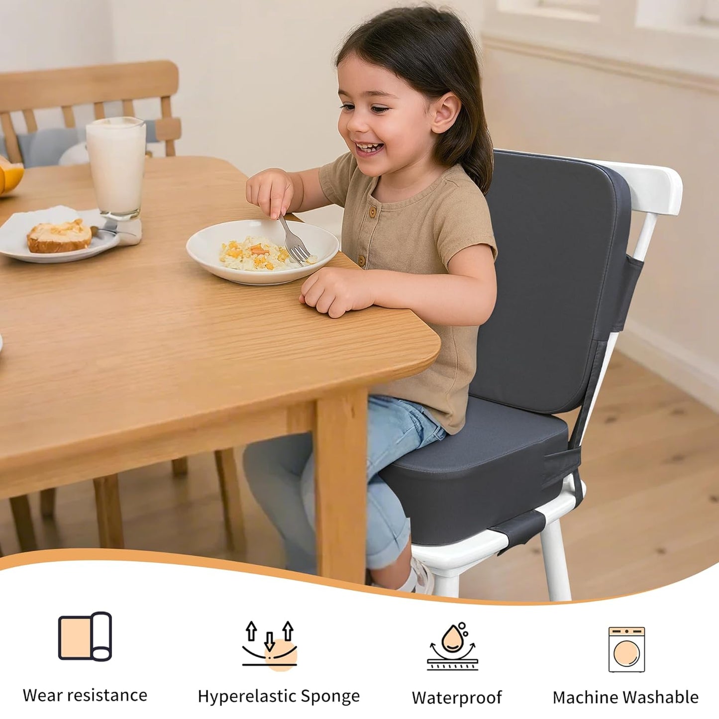 Toddler Booster Seat for Dining Table with Backrest and Adjustable Straps, Waterproof Oxford Foam Cushion with Non-Slip Bottom, Portable Chair Booster for Kitchen Use (Dark Grey)