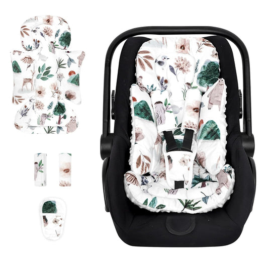 Infant Car Seat Insert and Strap Covers, Very Soft Car Seat Head Support Baby Girl Boy, Reversible Newborn Carseat Insert Cushion Fits for Stroller, Baby Swing, Bouncer (White Animals)
